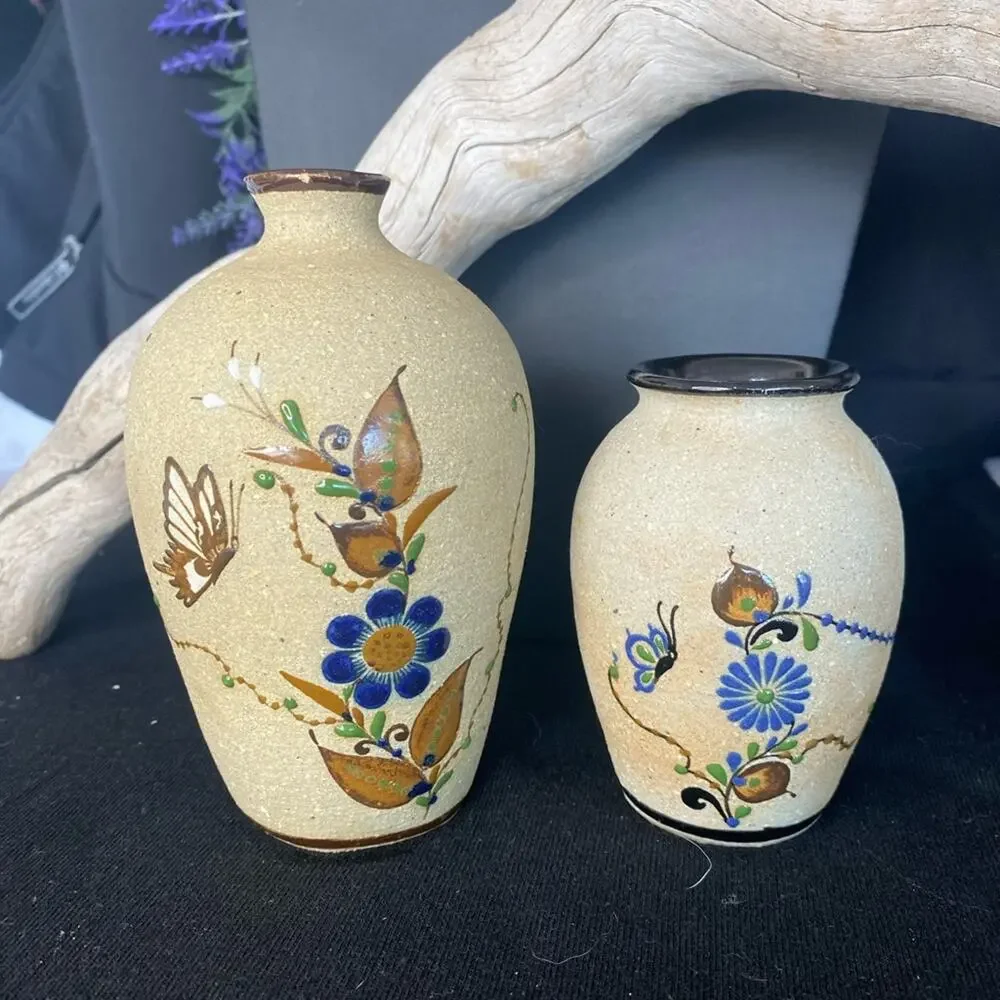 Set of 2 Mexican Mid 20th Century Sand Finish Pottery Vases. Hand painted.